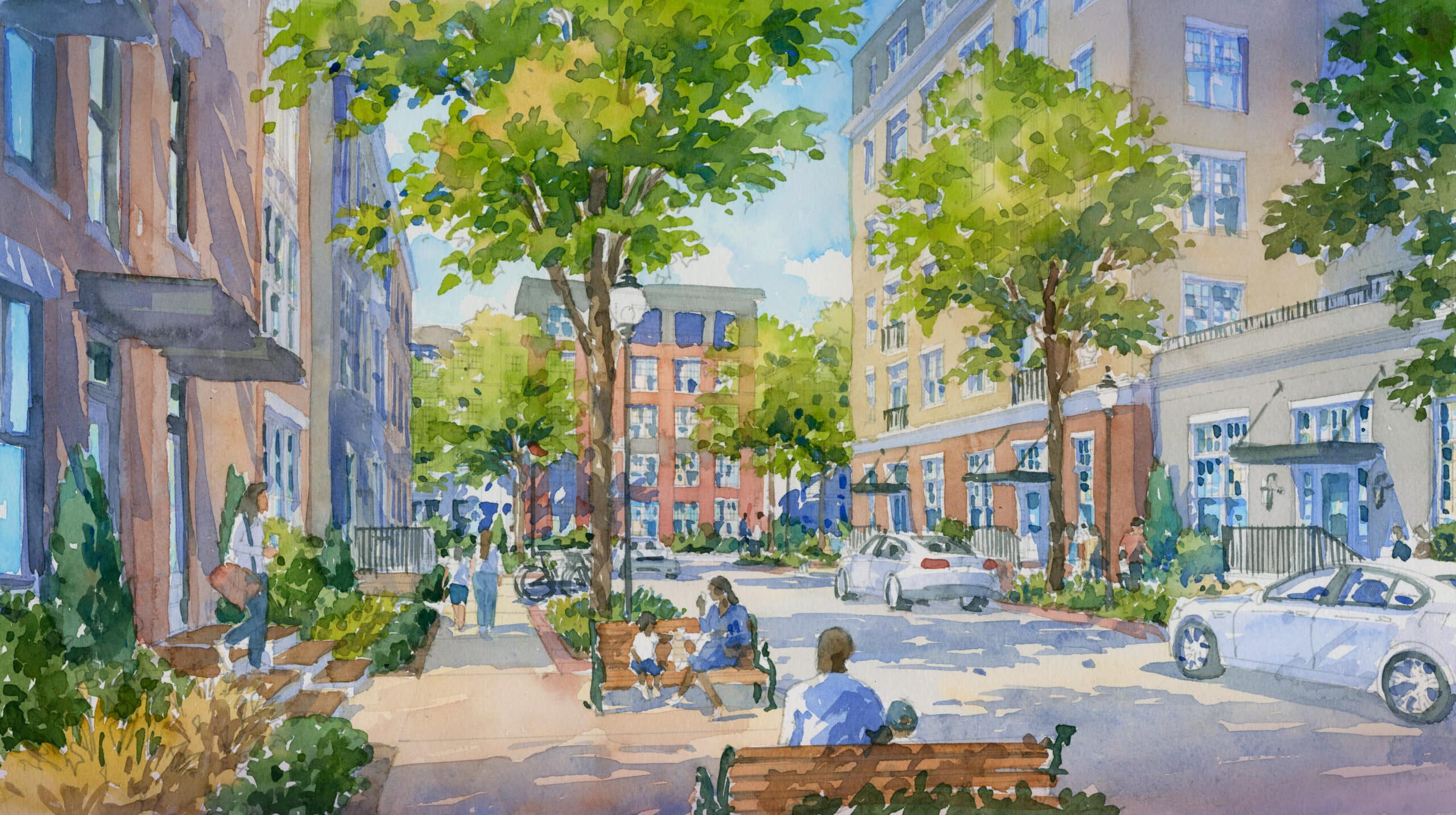 A graphic rendering showing a busy street in westmoore landing