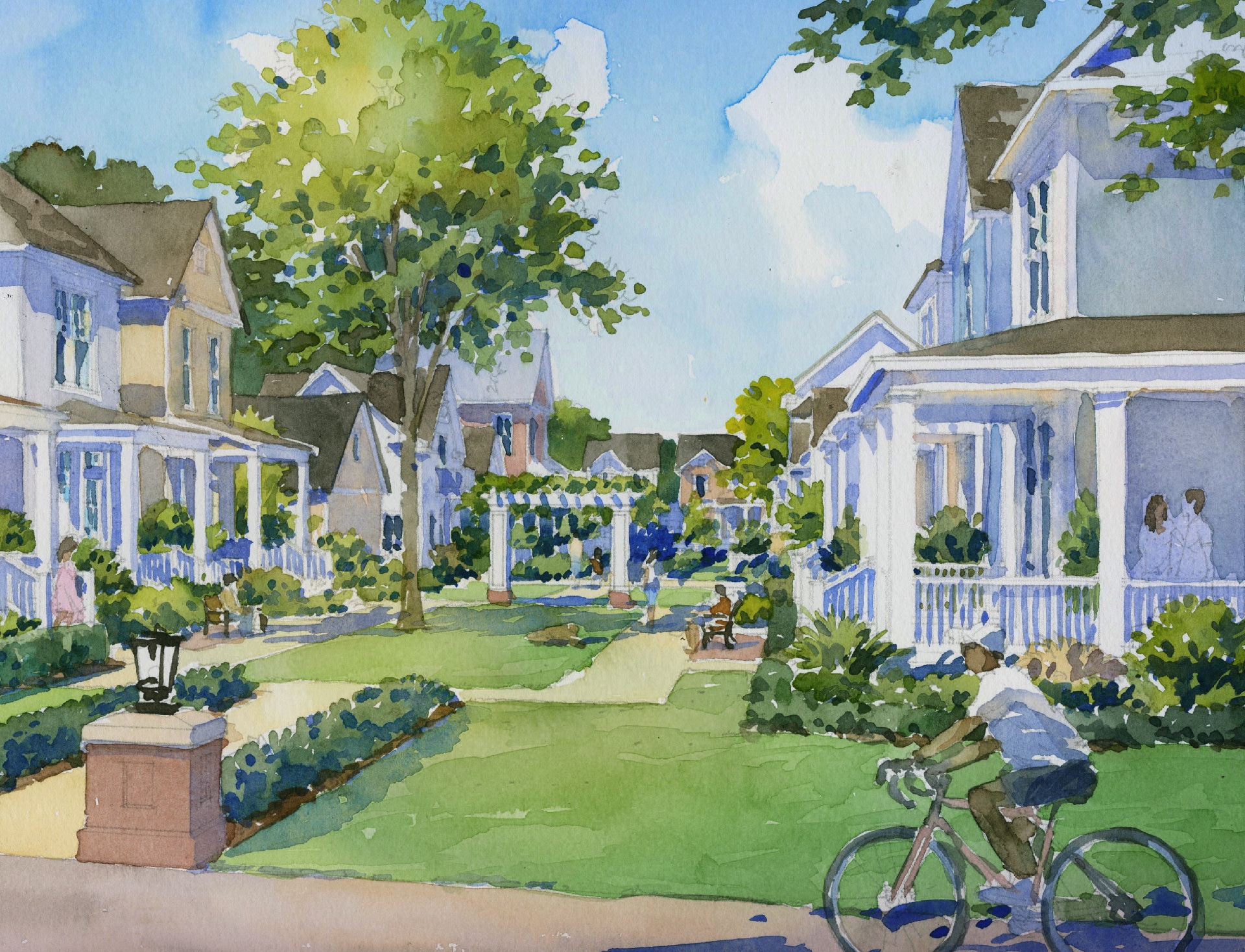 TownWright_WebsiteDesign_V3_Images-23 A graphic rendering showing a person riding a bike in a neighborhood.