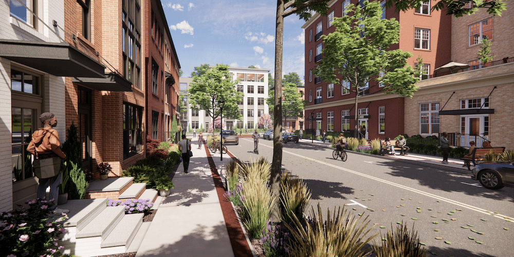 A graphic rendering showing a street in Westmoore Landing