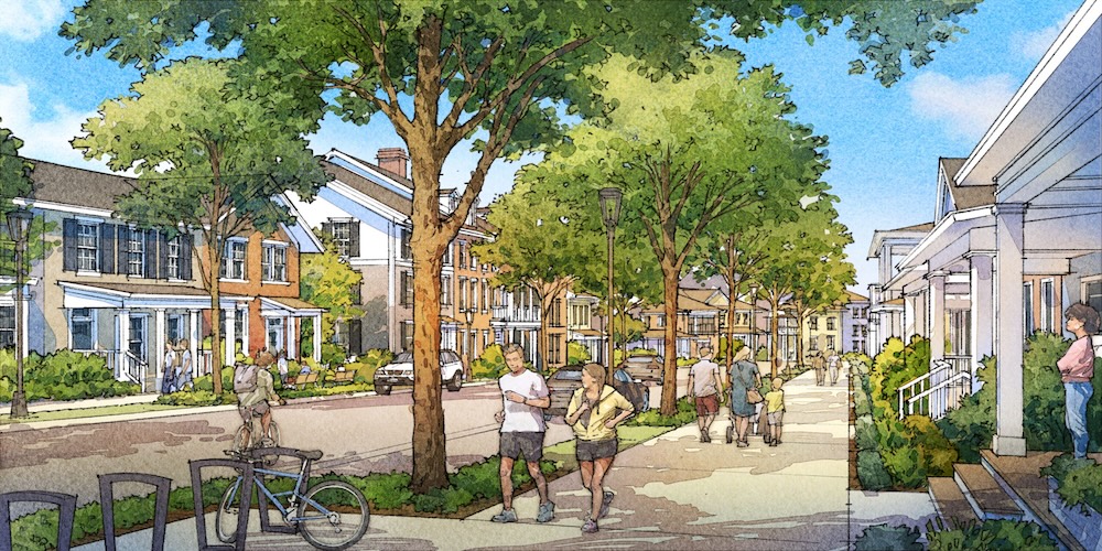 A graphic rendering of a sidewalk and street in nolensville townsquare