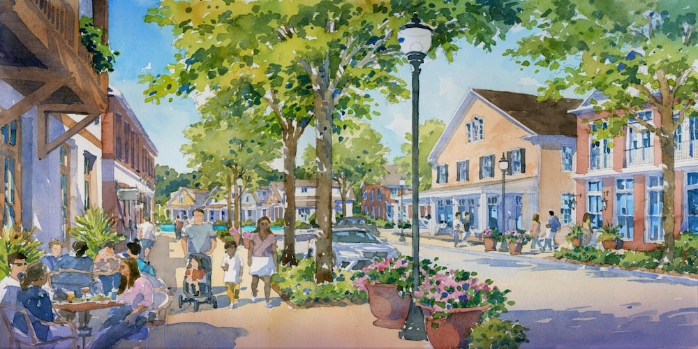 A graphic rendering showing a sidewalk and street in Westmoore Landing