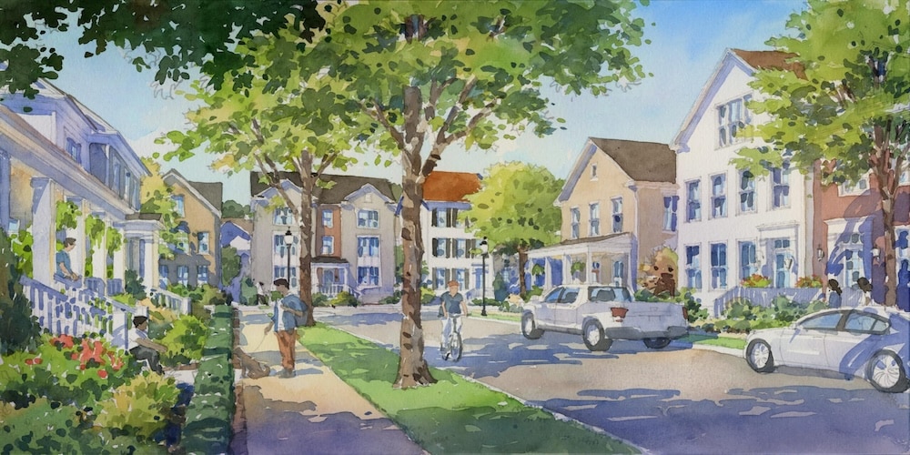 A graphic rendering showing a neighborhood street in Westmoore Landing